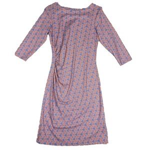 J. McLaughlin Ruched Sheath Dress Blue Orange Catalina Cloth 3/4 Sleeves Size XS